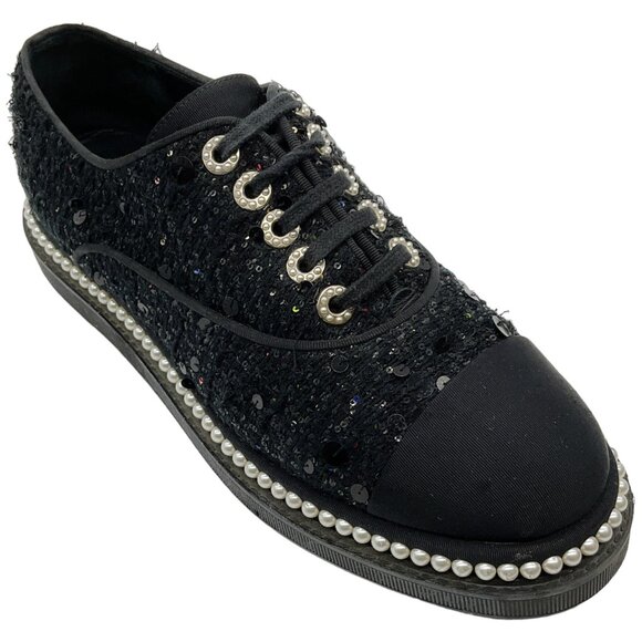 Chanel Black Sequined Lace Up Oxfords with Pearls - Picture 1 of 6